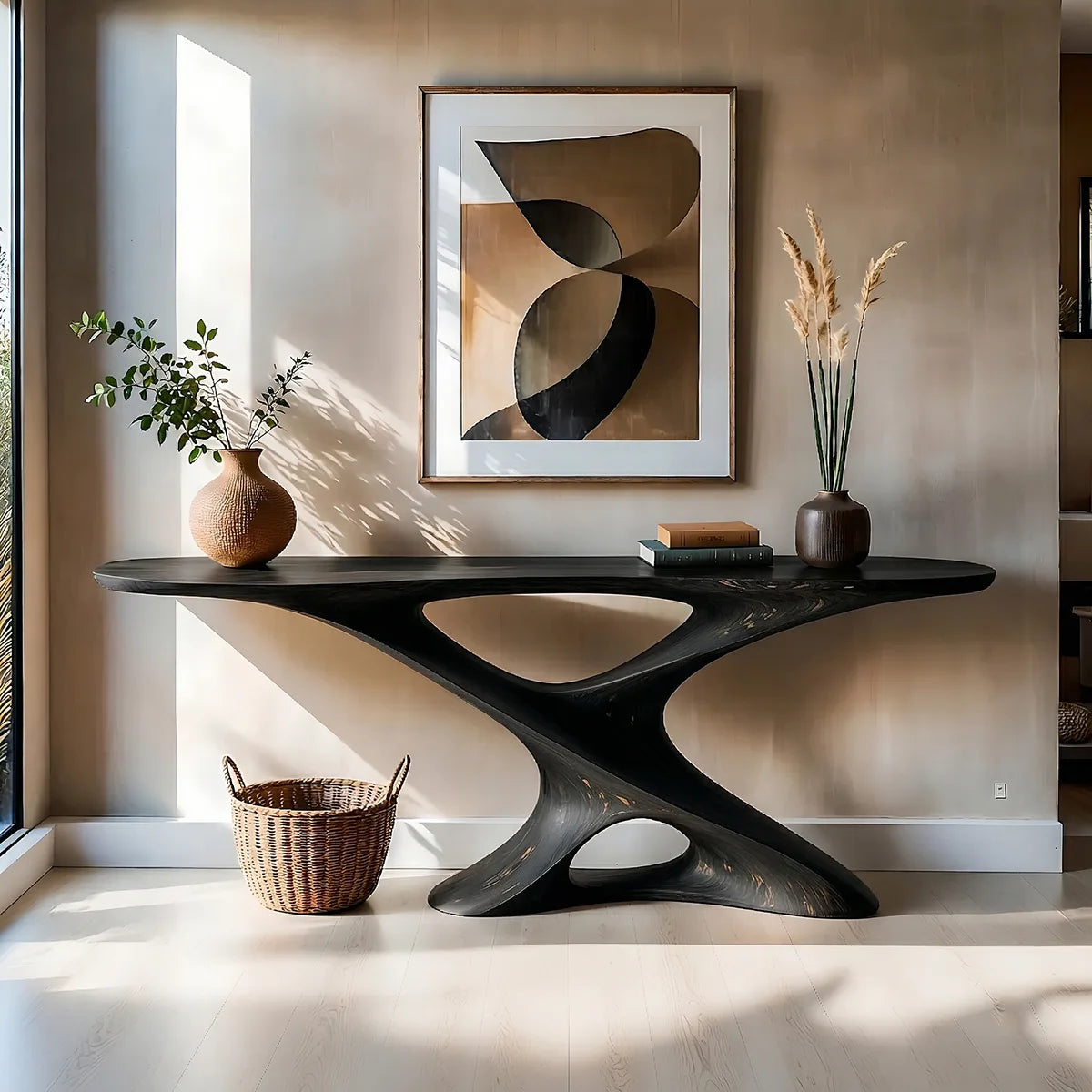 Sculptural Solid Wood Console Table with Twisting Openwork Base