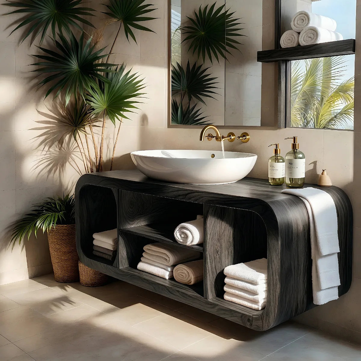 Floating Solid Wood Bathroom Vanity with Rounded Frame and Open Shelf Storage
