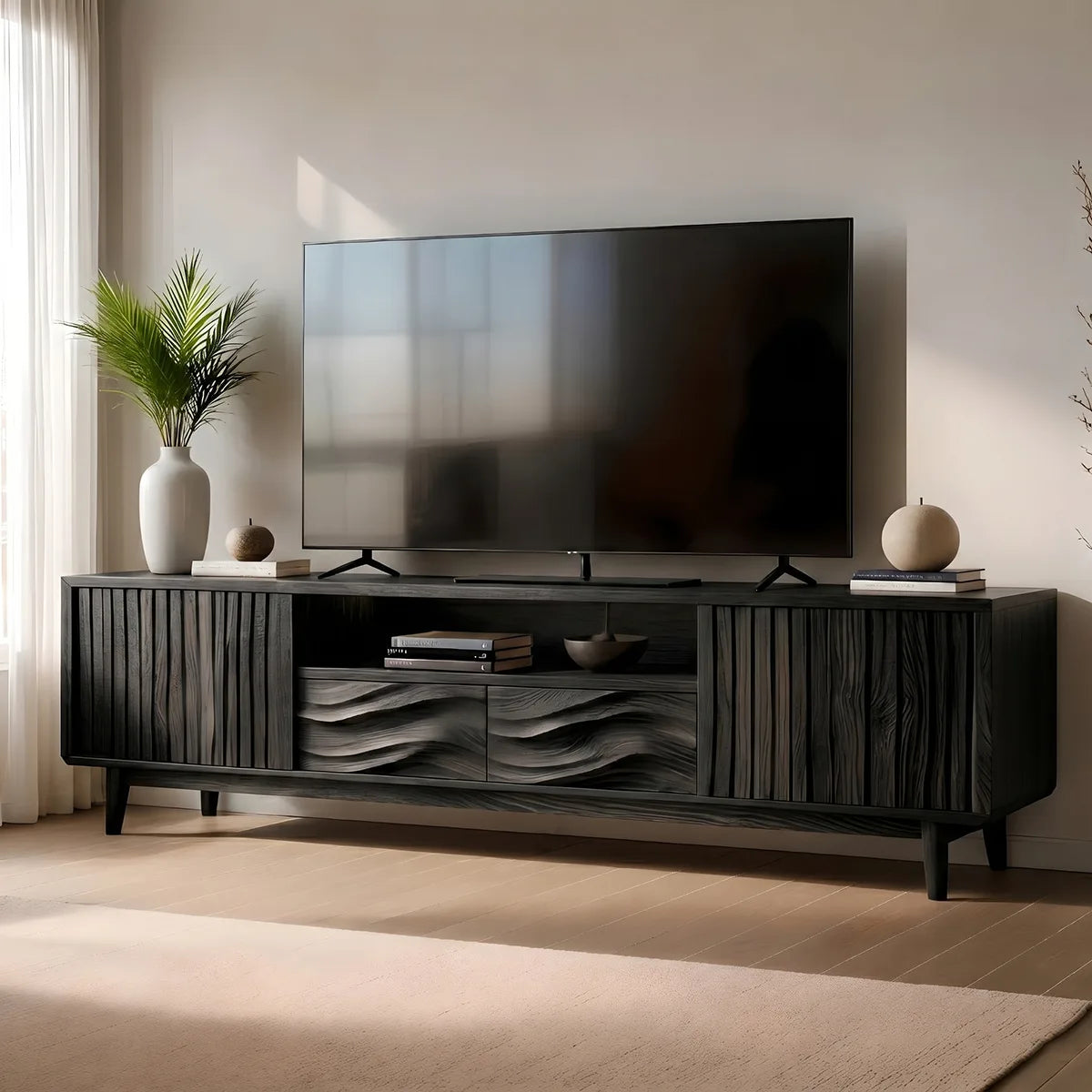 Mid Century Modern Solid Wood Fluted and Wavy Carved TV Stand