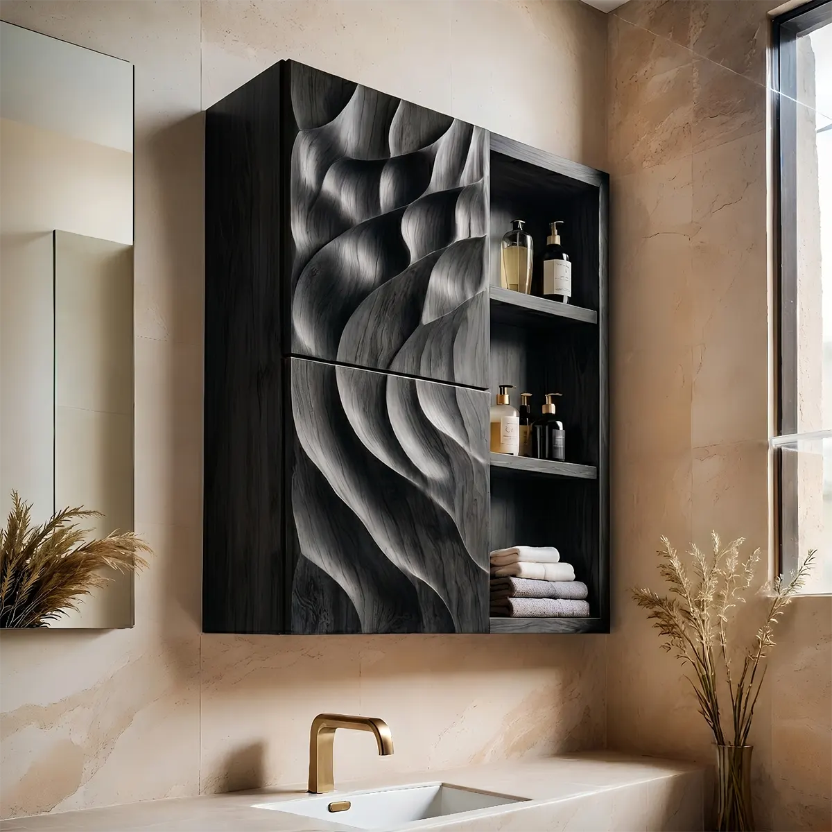 Handcrafted Solid Wood Bathroom Wall Cabinet with Sculpted Door and Open Shelves