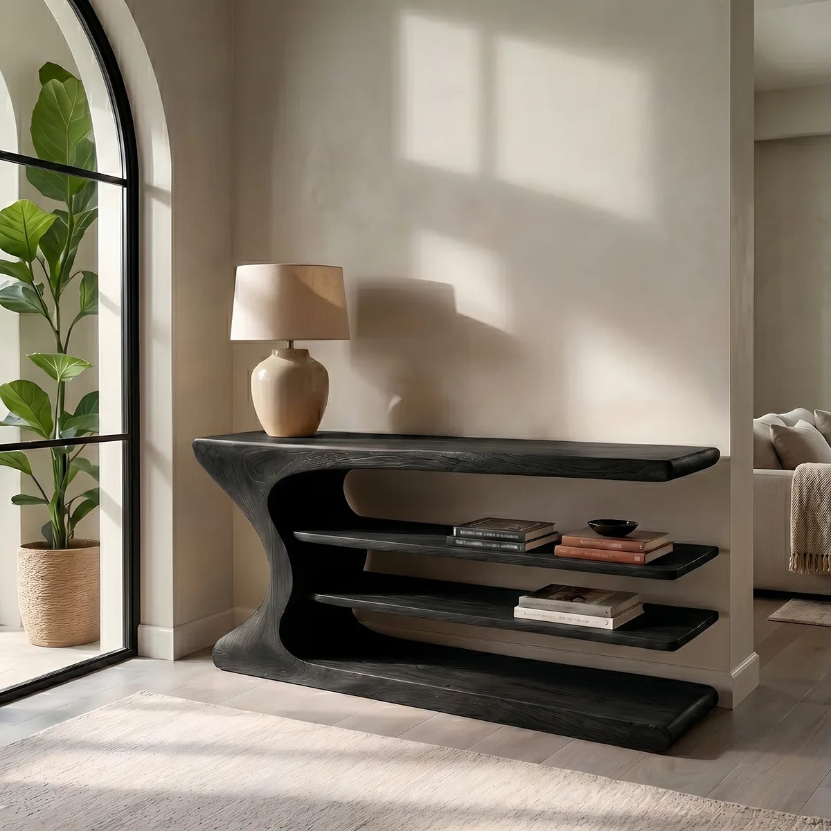 Organic Modern Console Table with Shelves, Sculptural Wood Console Table for Entryway & Living Room HL020-7755