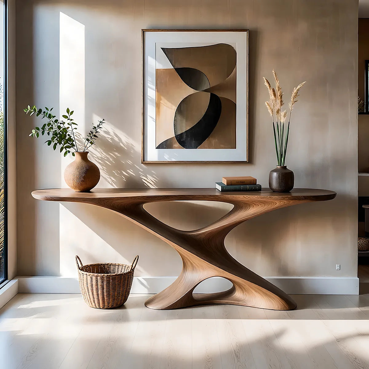 Sculptural Solid Wood Console Table with Twisting Openwork Base