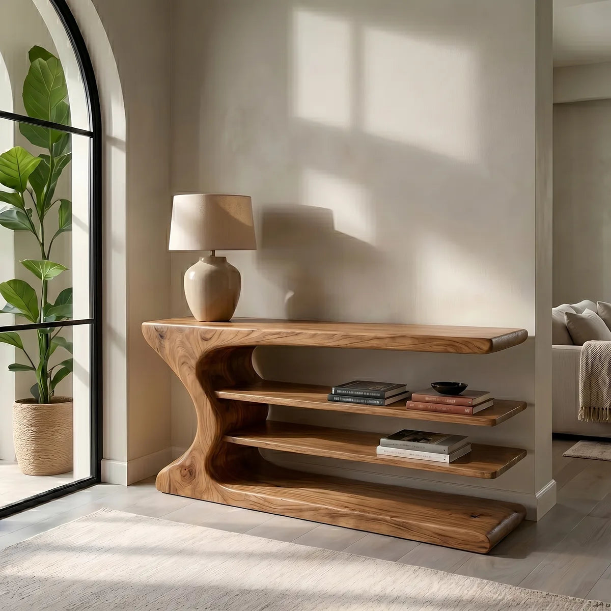 Organic Modern Console Table with Shelves, Sculptural Wood Console Table for Entryway & Living Room HL020-7755