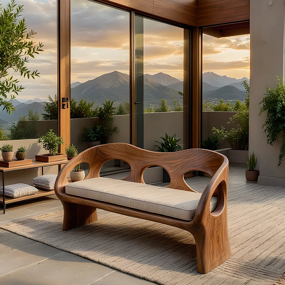 Luxury Organic Modern Outdoor Solid Wood Sofa with Sculptural Frame