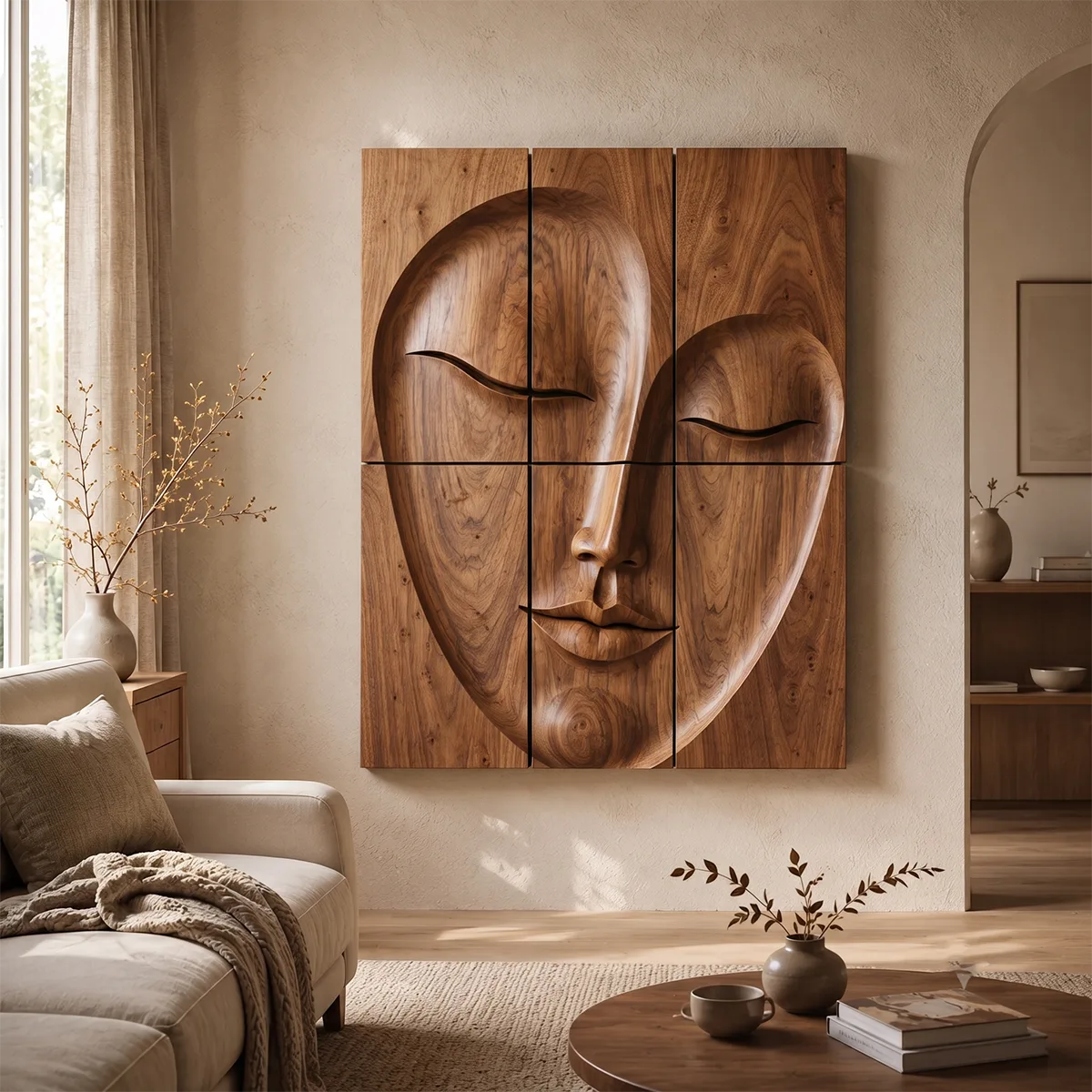 Abstract Wooden Face Wall Art | Large 6 Panel Modern Wood Sculpture TT006-6830