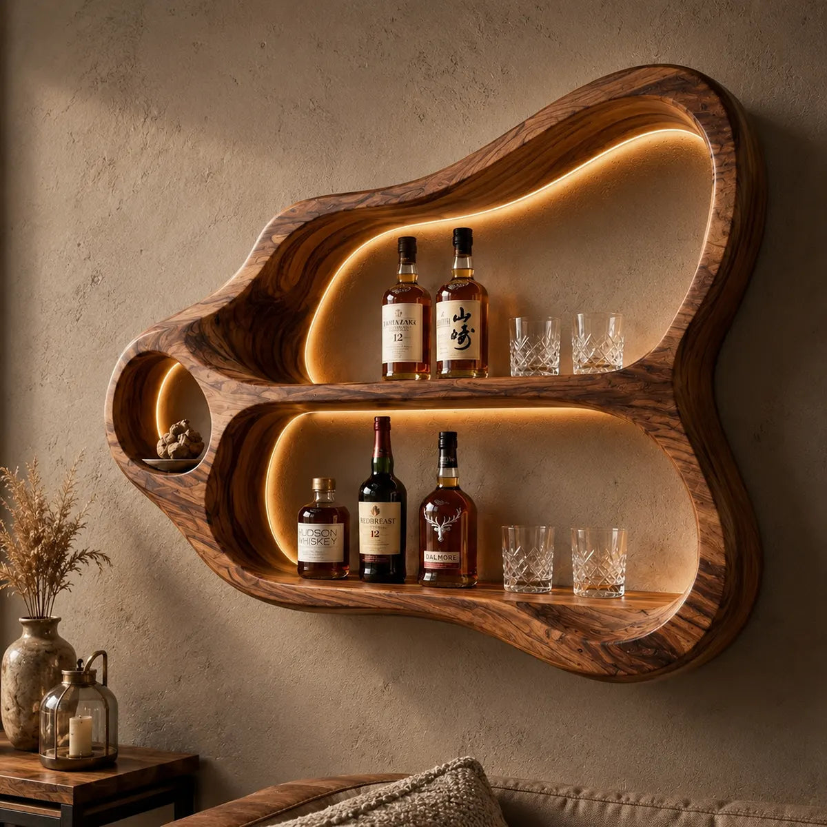Sculptural Solid Wood Wall Wine Holder for Home Bars & Whiskey Collectors TT006-7510