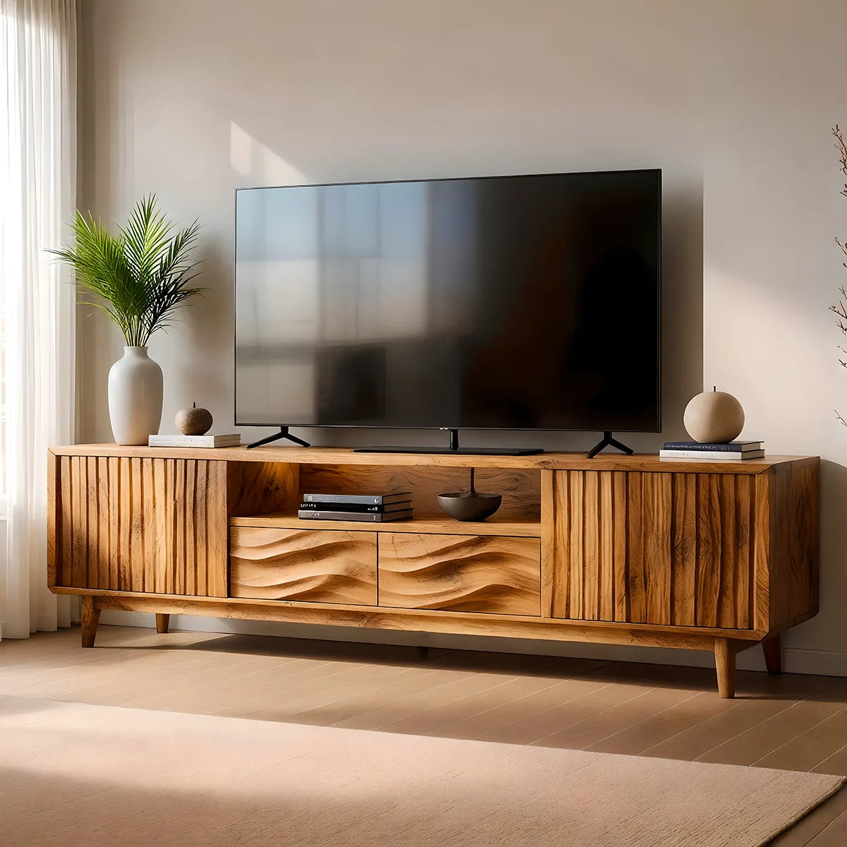 Mid Century Modern Solid Wood Fluted and Wavy Carved TV Stand