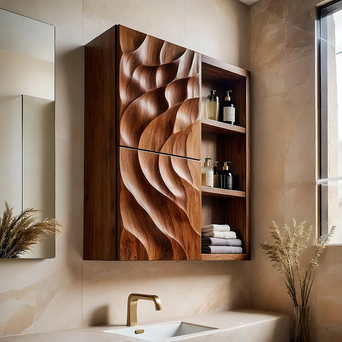 Handcrafted Solid Wood Bathroom Wall Cabinet with Sculpted Door and Open Shelves