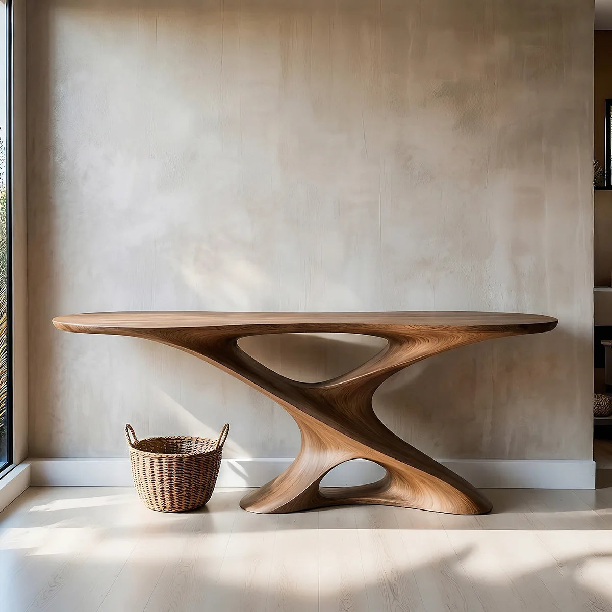 Sculptural Solid Wood Console Table with Twisting Openwork Base