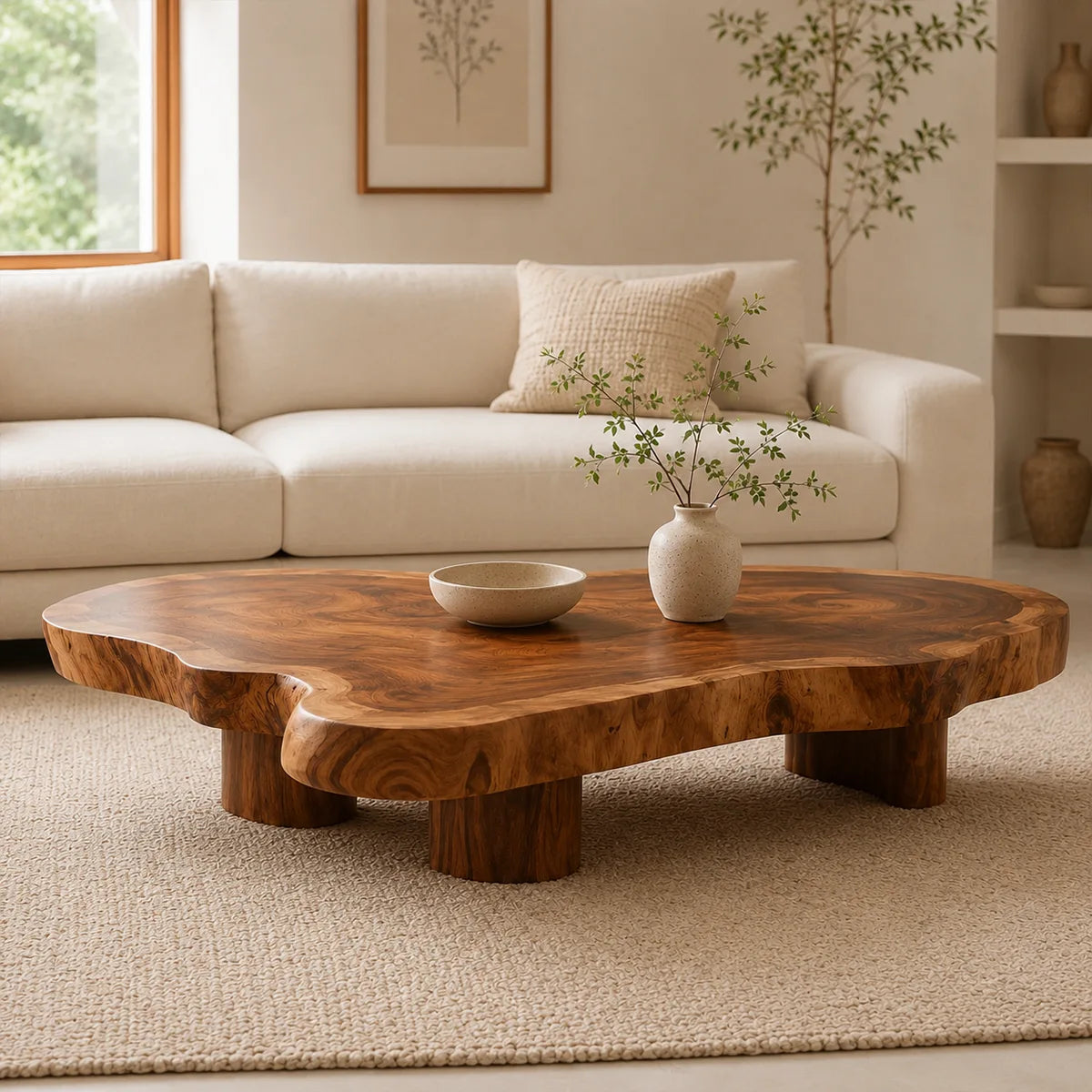 Organic Solid Wood Live Edge Coffee Table | Freeform Hardwood Coffee Table with Sculptural Pedestal Base TT006-4064