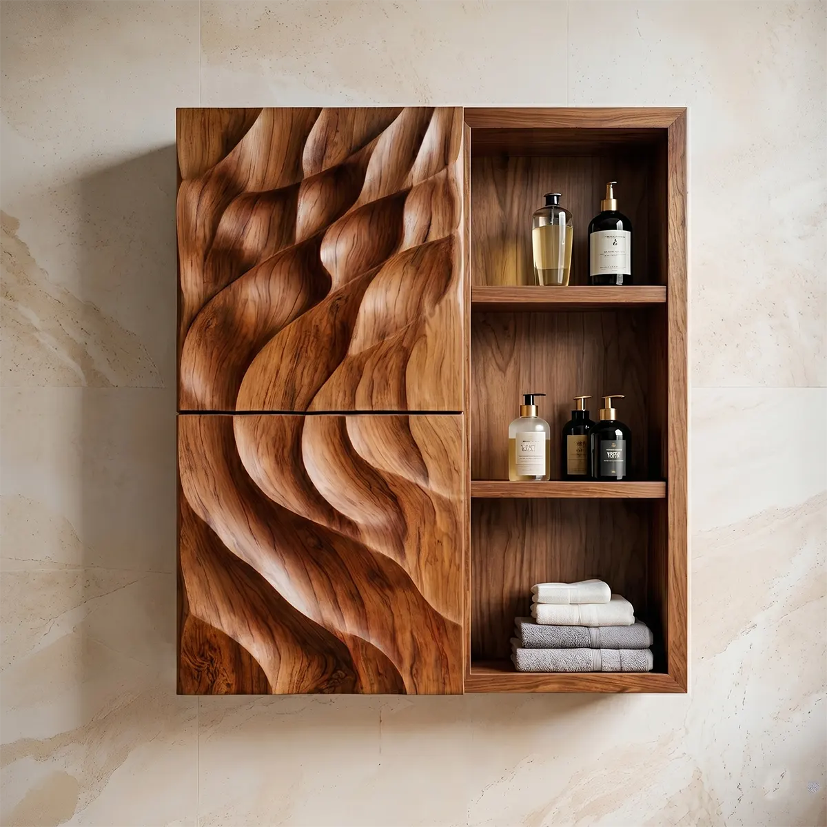 Handcrafted Solid Wood Bathroom Wall Cabinet with Sculpted Door and Open Shelves