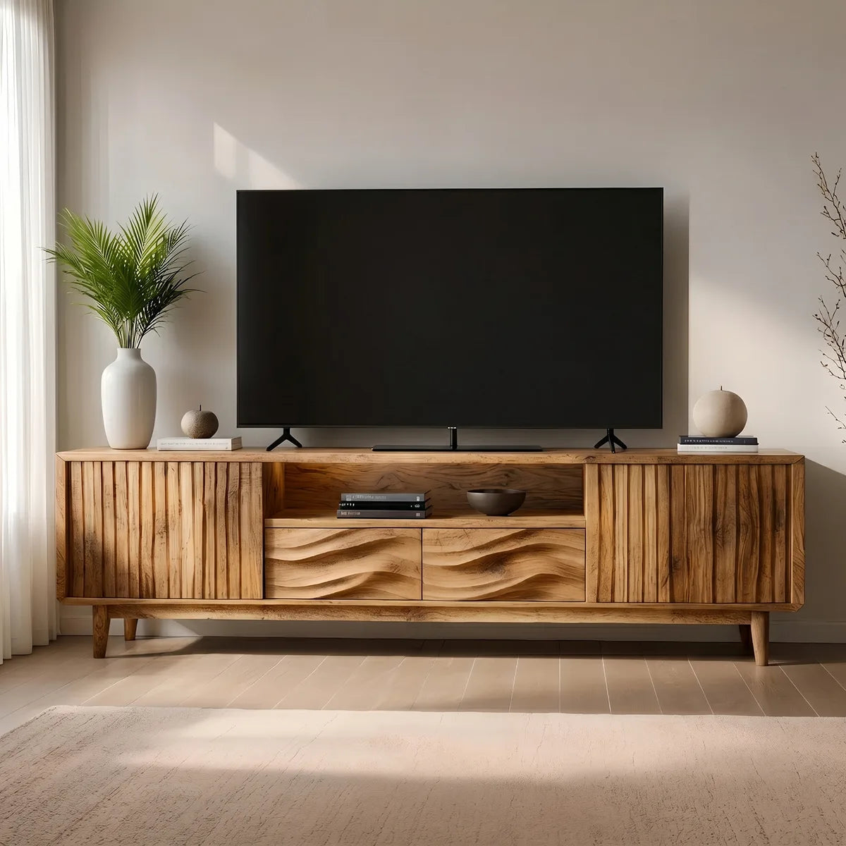 Mid Century Modern Solid Wood Fluted and Wavy Carved TV Stand