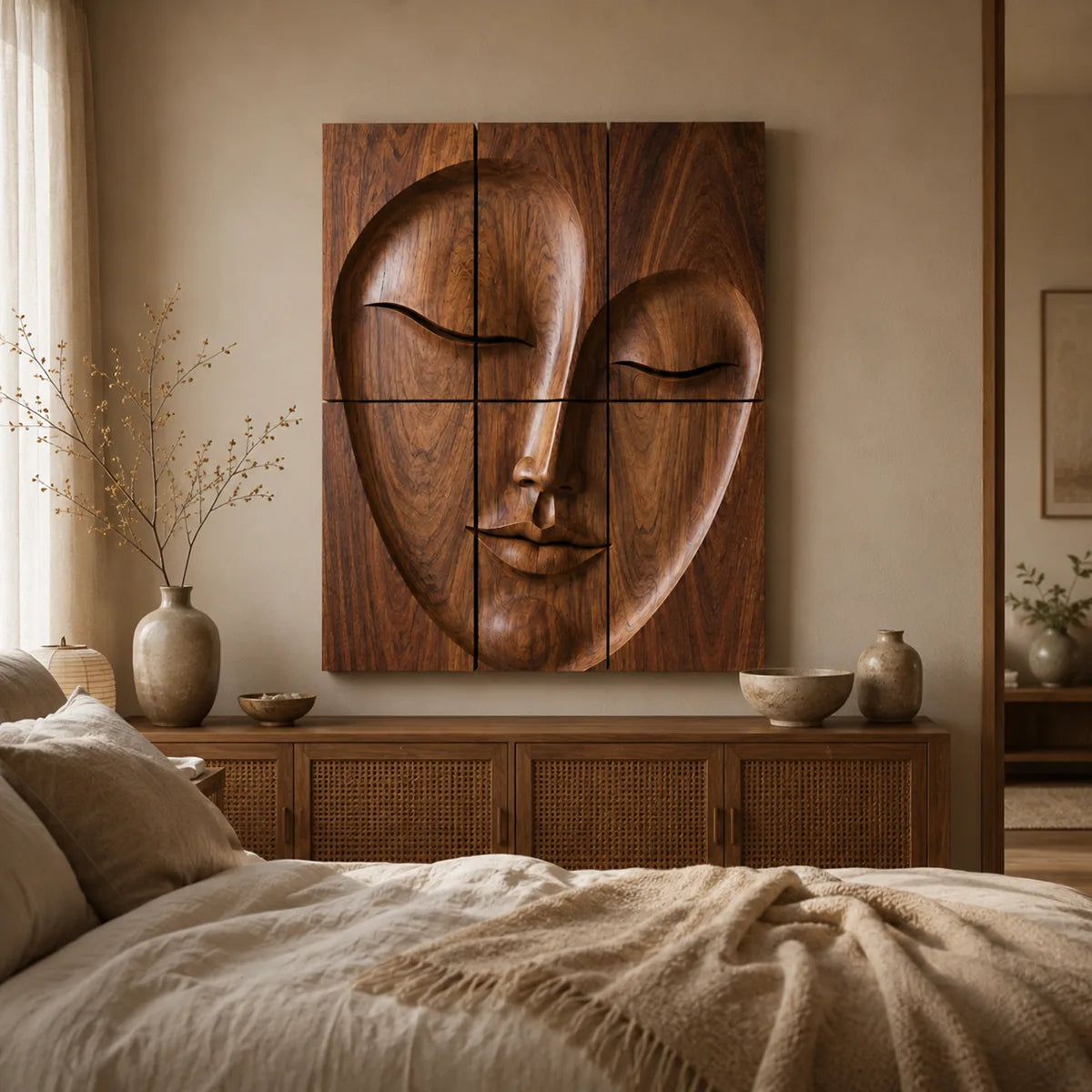 Abstract Wooden Face Wall Art | Large 6 Panel Modern Wood Sculpture TT006-6830