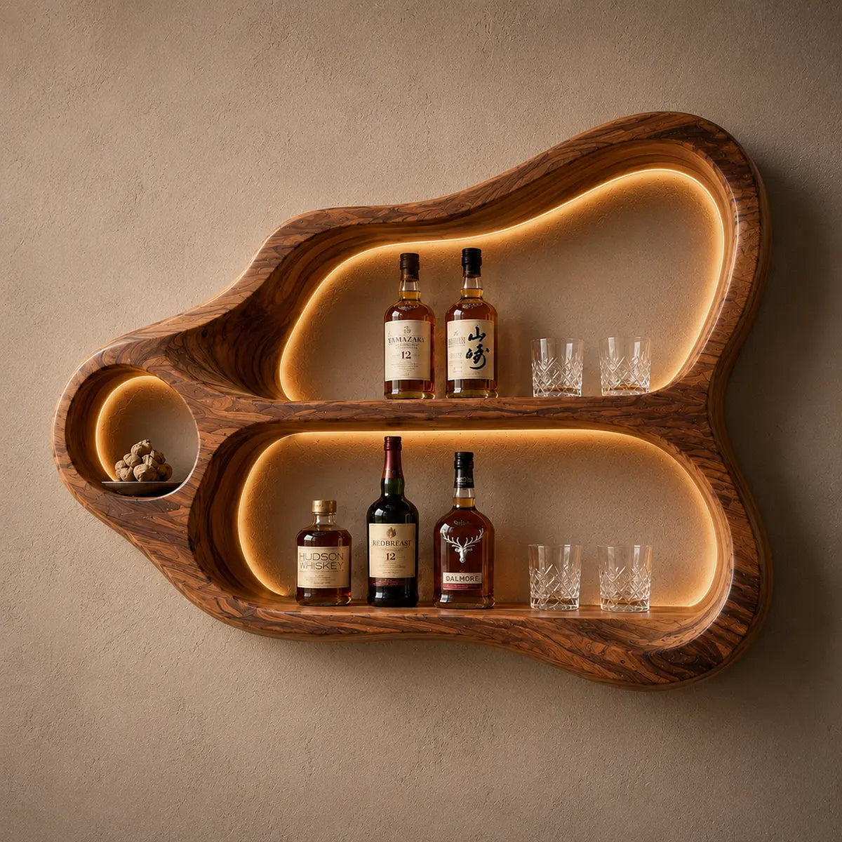 Sculptural Solid Wood Wall Wine Holder for Home Bars & Whiskey Collectors TT006-7510