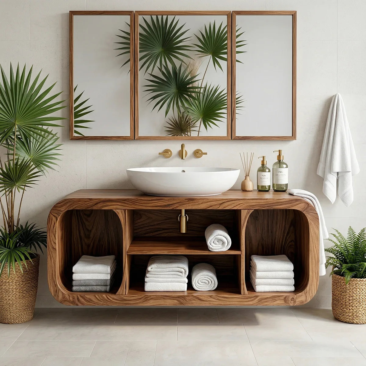 Floating Solid Wood Bathroom Vanity with Rounded Frame and Open Shelf Storage