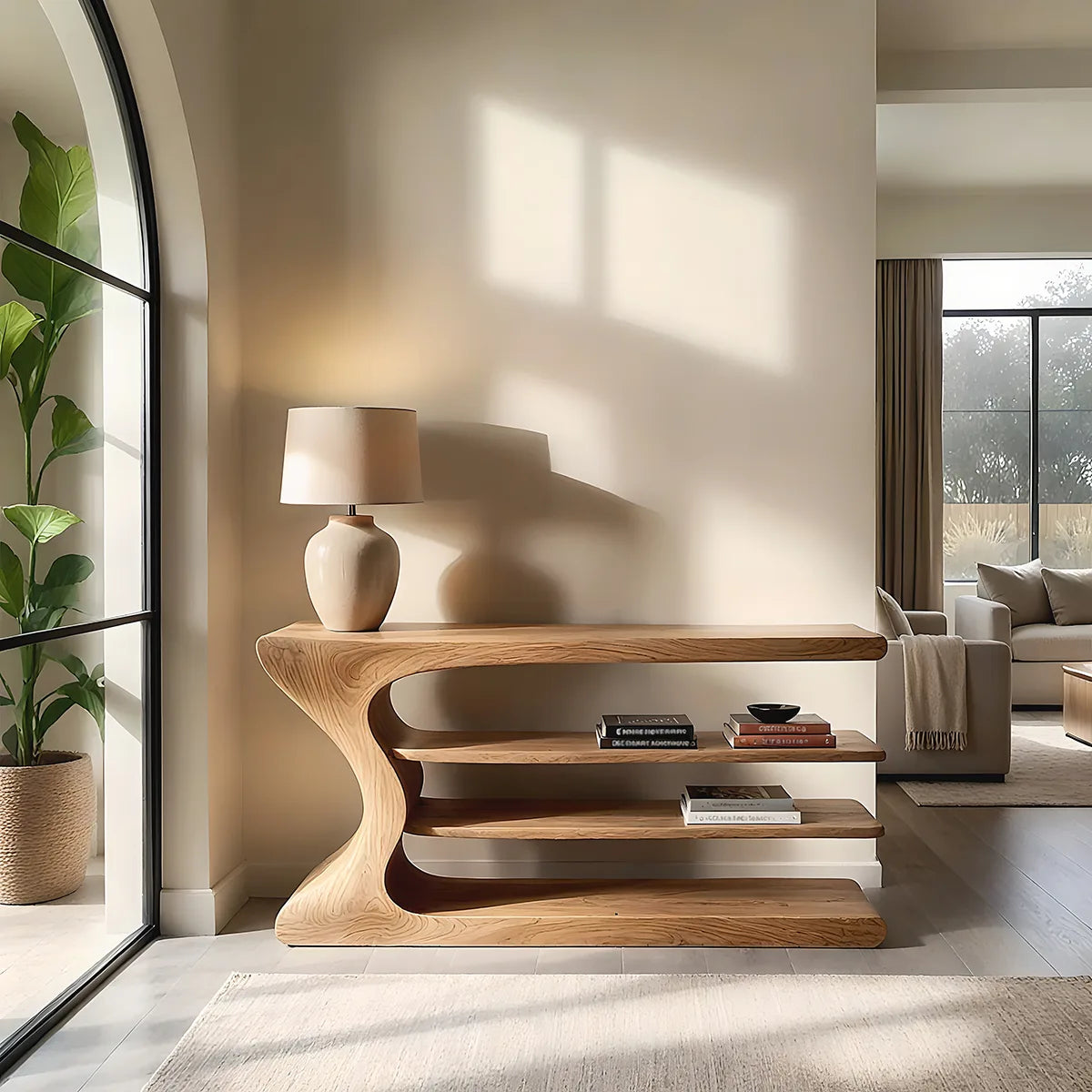 Organic Modern Console Table with Shelves, Sculptural Wood Console Table for Entryway & Living Room HL020-7755