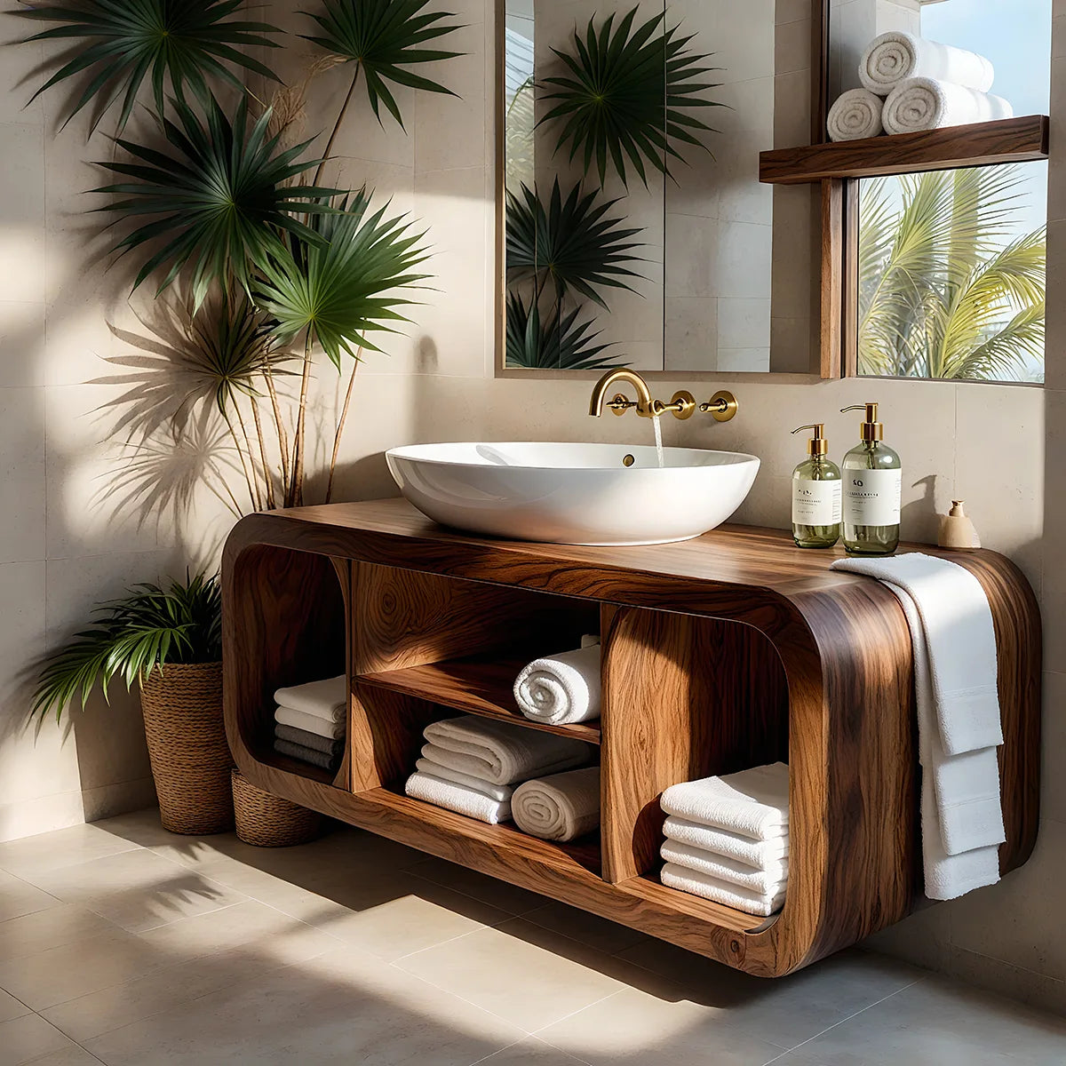 Floating Solid Wood Bathroom Vanity with Rounded Frame and Open Shelf Storage