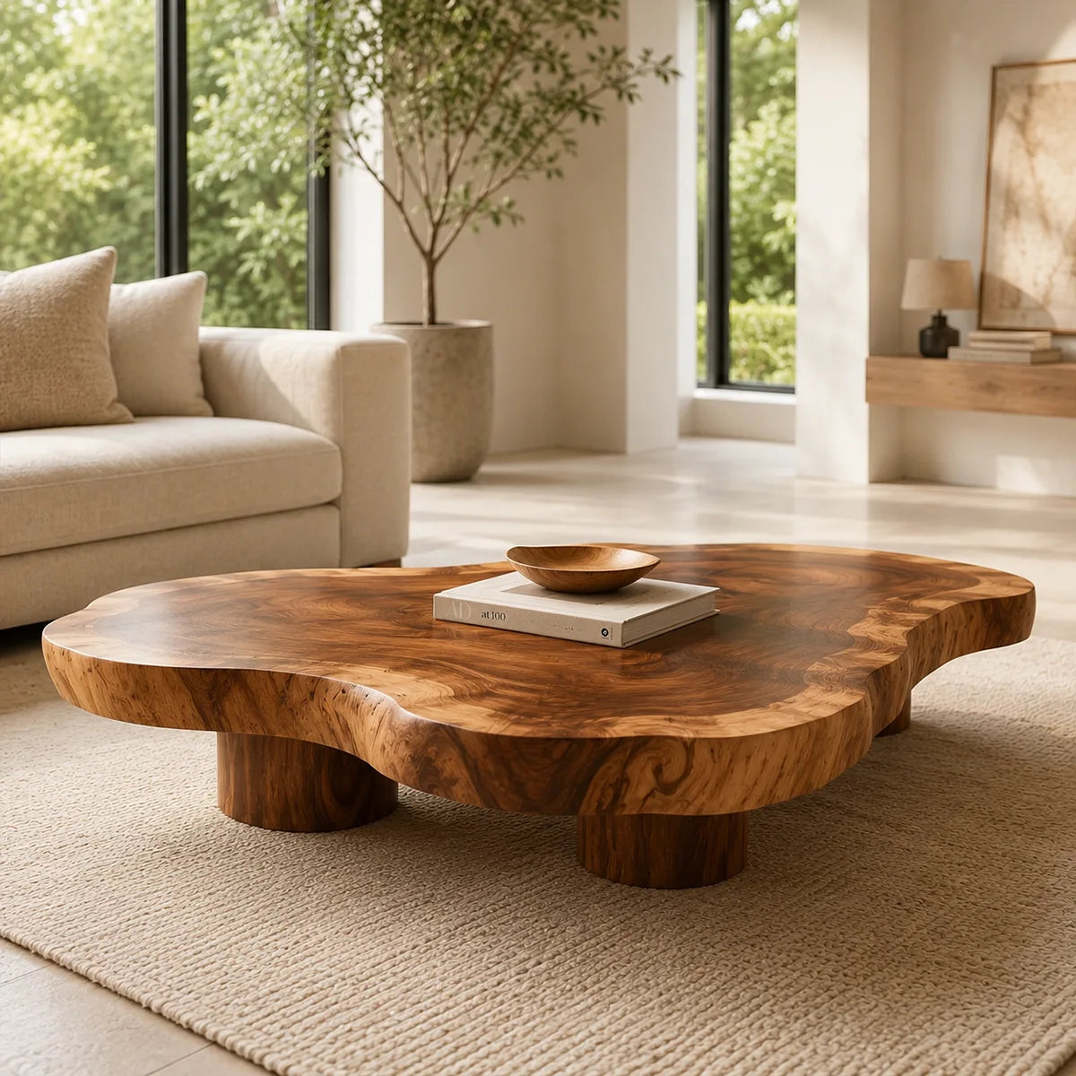 Organic Solid Wood Live Edge Coffee Table | Freeform Hardwood Coffee Table with Sculptural Pedestal Base TT006-4064