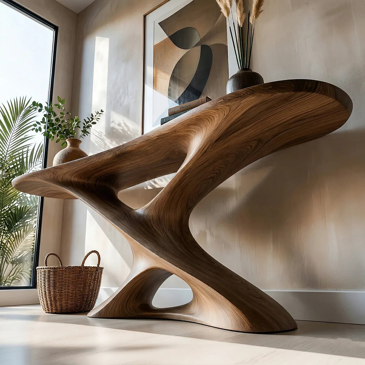 Sculptural Solid Wood Console Table with Twisting Openwork Base