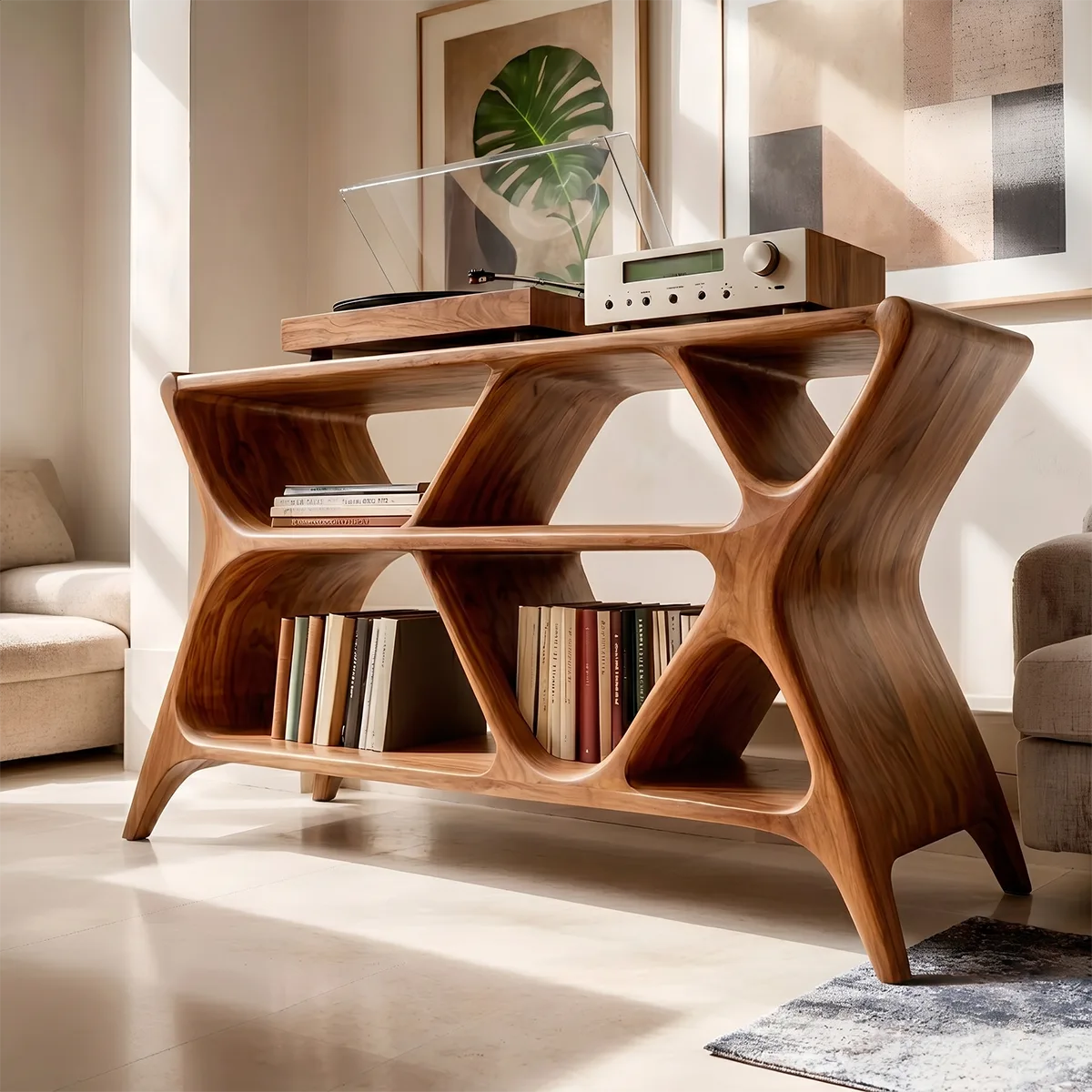 Modern Geometric Wooden Bookshelf | Vinyl Record Stand