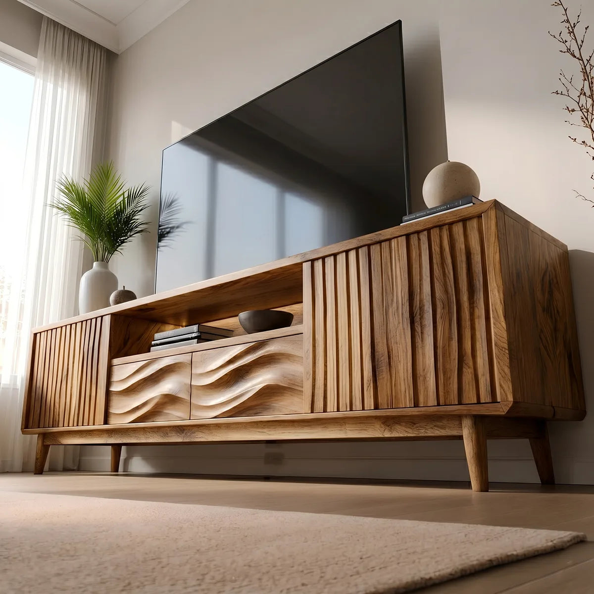 Mid Century Modern Solid Wood Fluted and Wavy Carved TV Stand