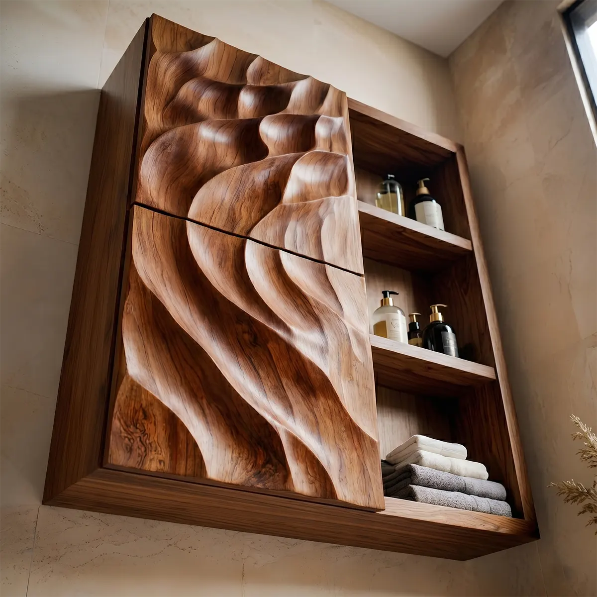 Handcrafted Solid Wood Bathroom Wall Cabinet with Sculpted Door and Open Shelves