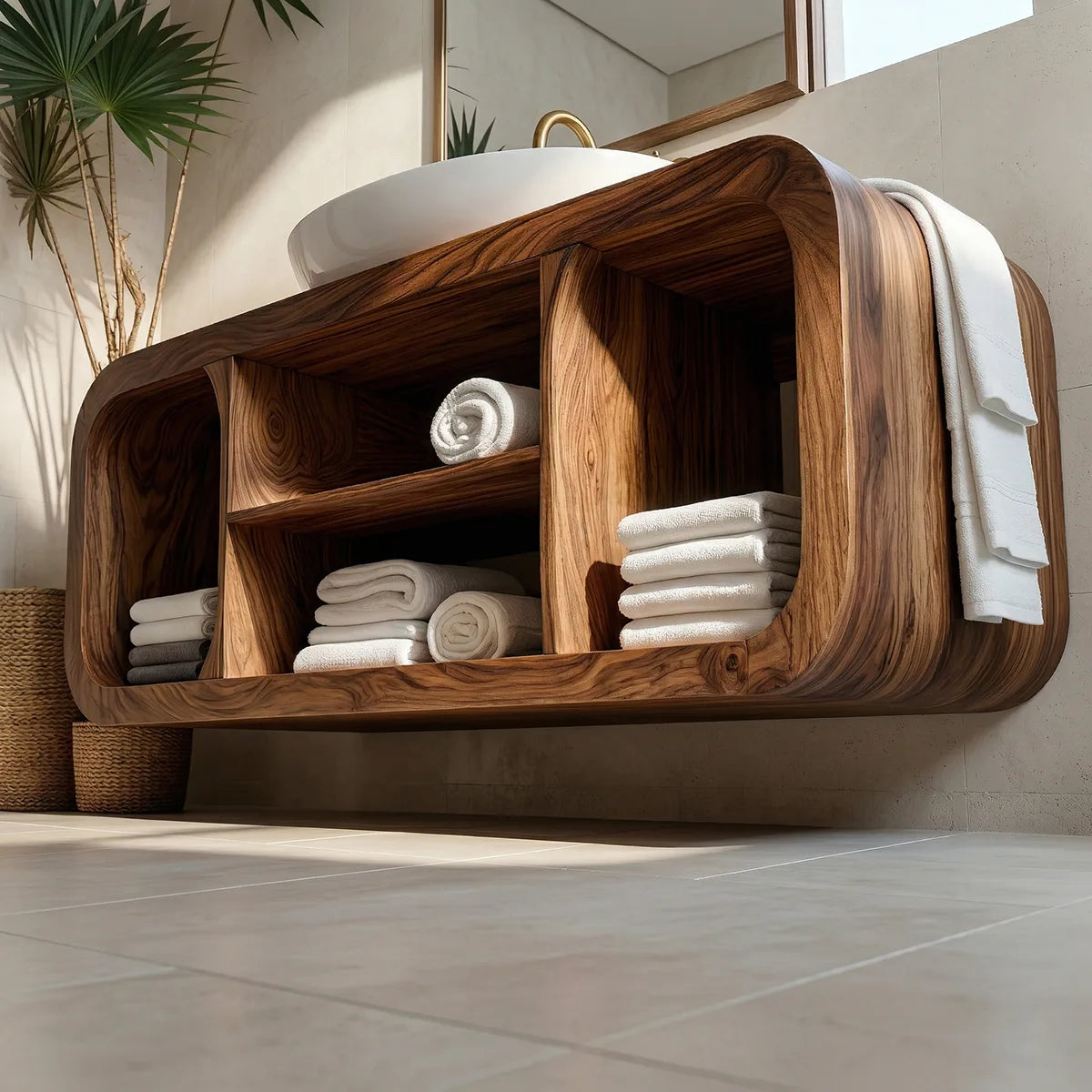 Floating Solid Wood Bathroom Vanity with Rounded Frame and Open Shelf Storage
