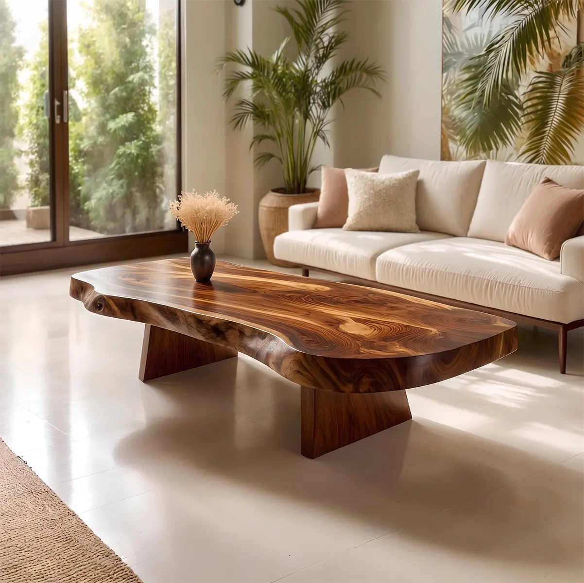 Mid Century Abstract Solid Wood Coffee Table with Sculptural Design