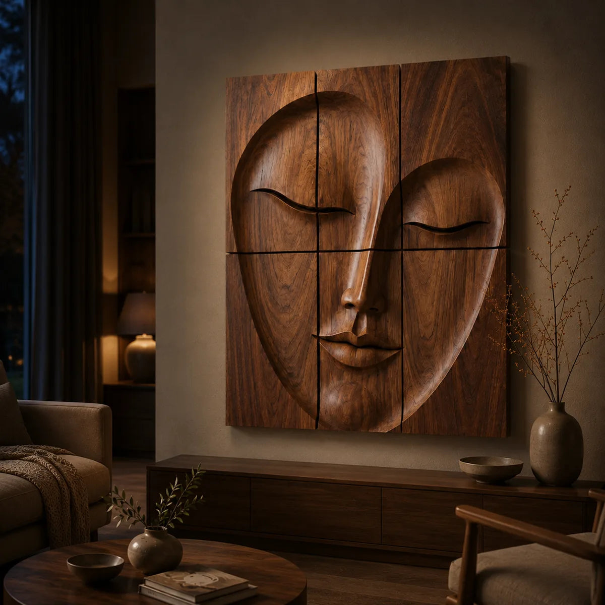 Abstract Wooden Face Wall Art | Large 6 Panel Modern Wood Sculpture TT006-6830