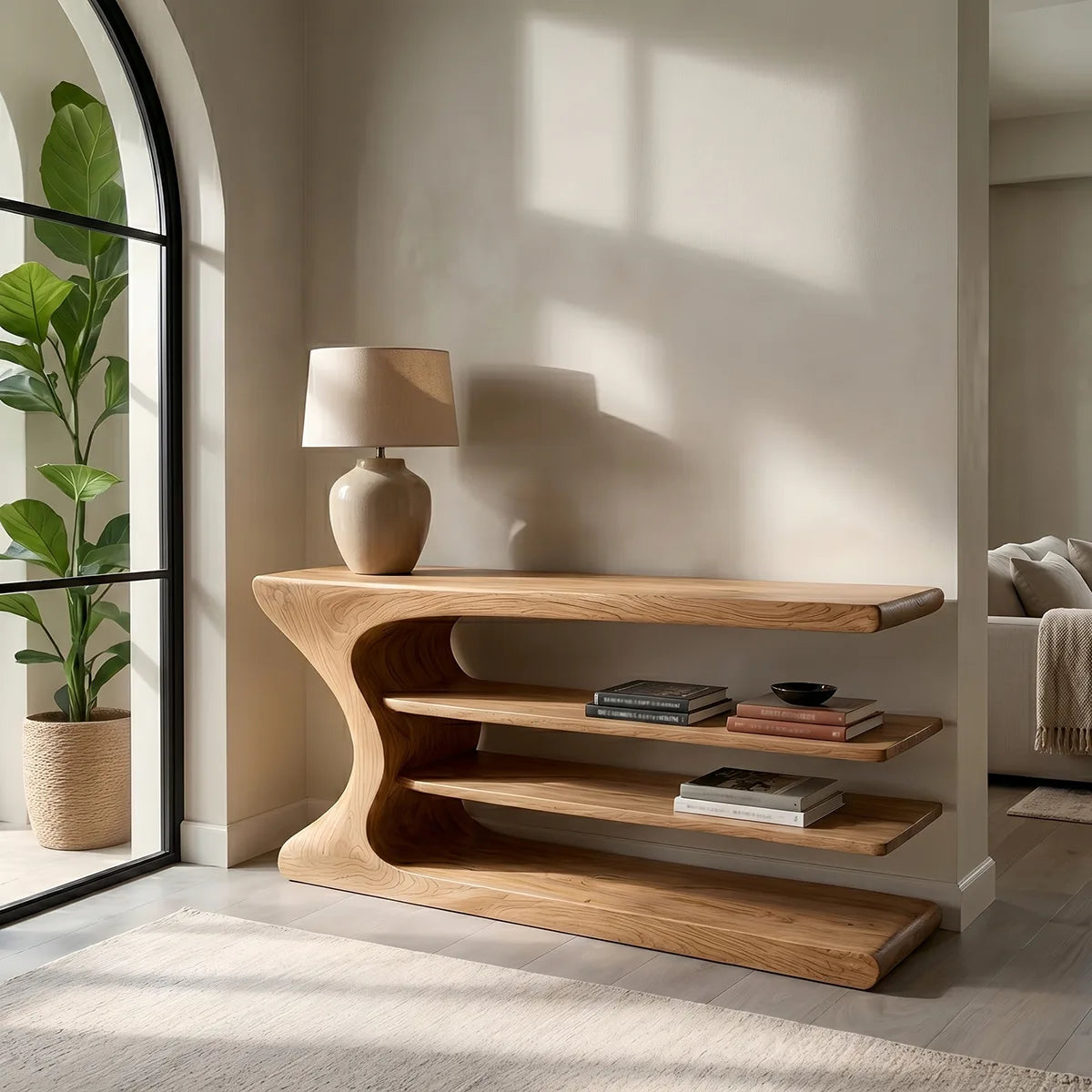 Organic Modern Console Table with Shelves, Sculptural Wood Console Table for Entryway & Living Room HL020-7755
