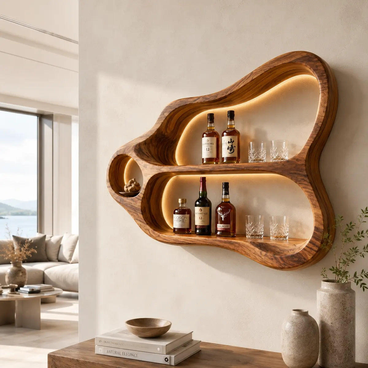 Sculptural Solid Wood Wall Wine Holder for Home Bars & Whiskey Collectors TT006-7510