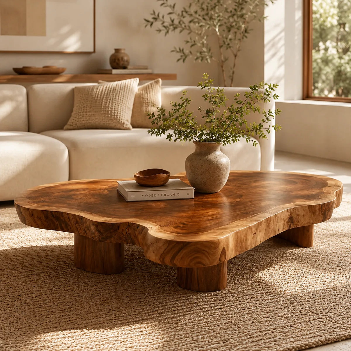 Organic Solid Wood Live Edge Coffee Table | Freeform Hardwood Coffee Table with Sculptural Pedestal Base TT006-4064