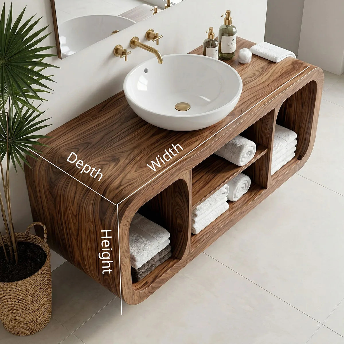 Floating Solid Wood Bathroom Vanity with Rounded Frame and Open Shelf Storage