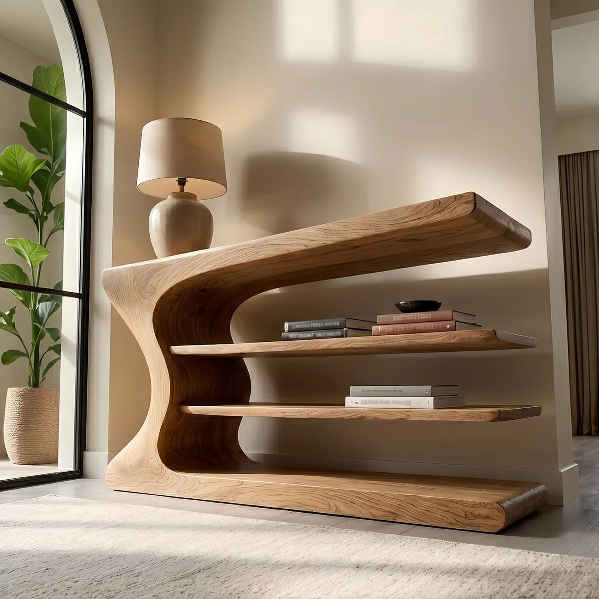 Organic Modern Console Table with Shelves, Sculptural Wood Console Table for Entryway & Living Room HL020-7755