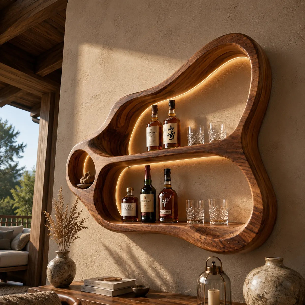 Sculptural Solid Wood Wall Wine Holder for Home Bars & Whiskey Collectors TT006-7510