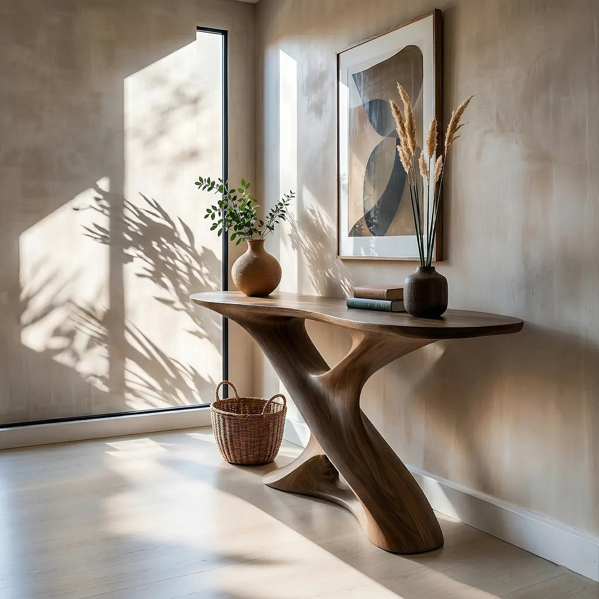 Sculptural Solid Wood Console Table with Twisting Openwork Base