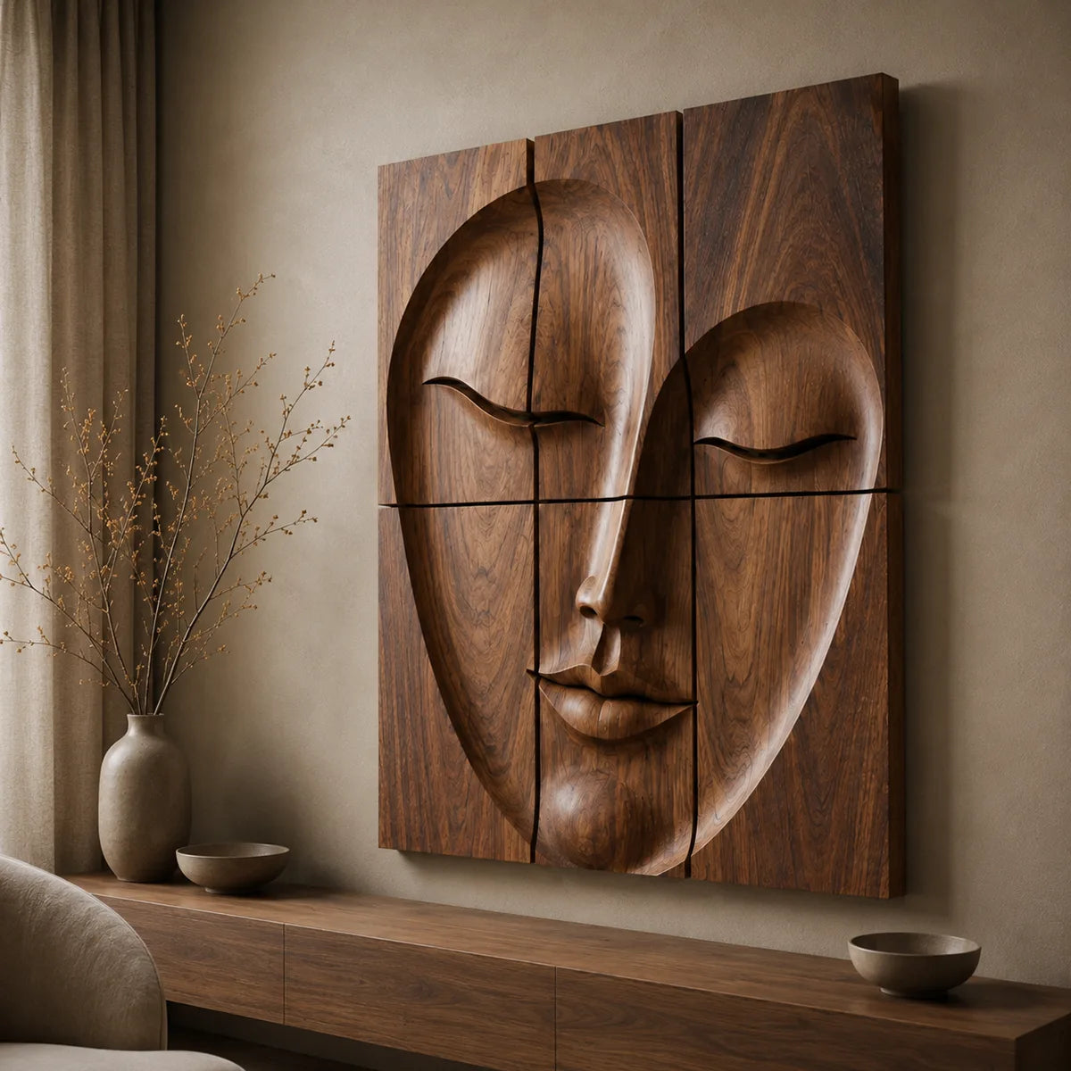 Abstract Wooden Face Wall Art | Large 6 Panel Modern Wood Sculpture TT006-6830