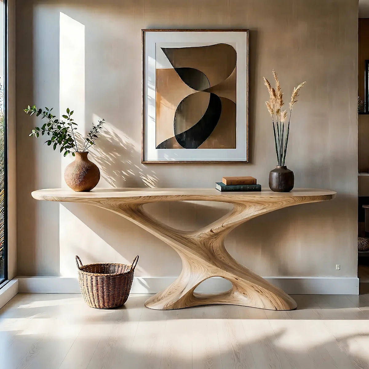 Sculptural Solid Wood Console Table with Twisting Openwork Base