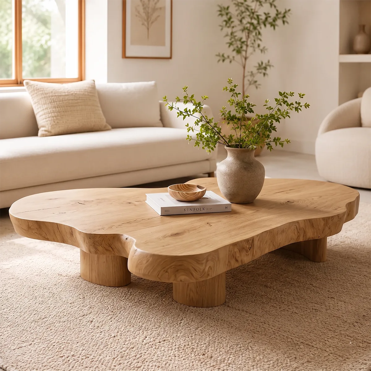 Organic Solid Wood Live Edge Coffee Table | Freeform Hardwood Coffee Table with Sculptural Pedestal Base TT006-4064