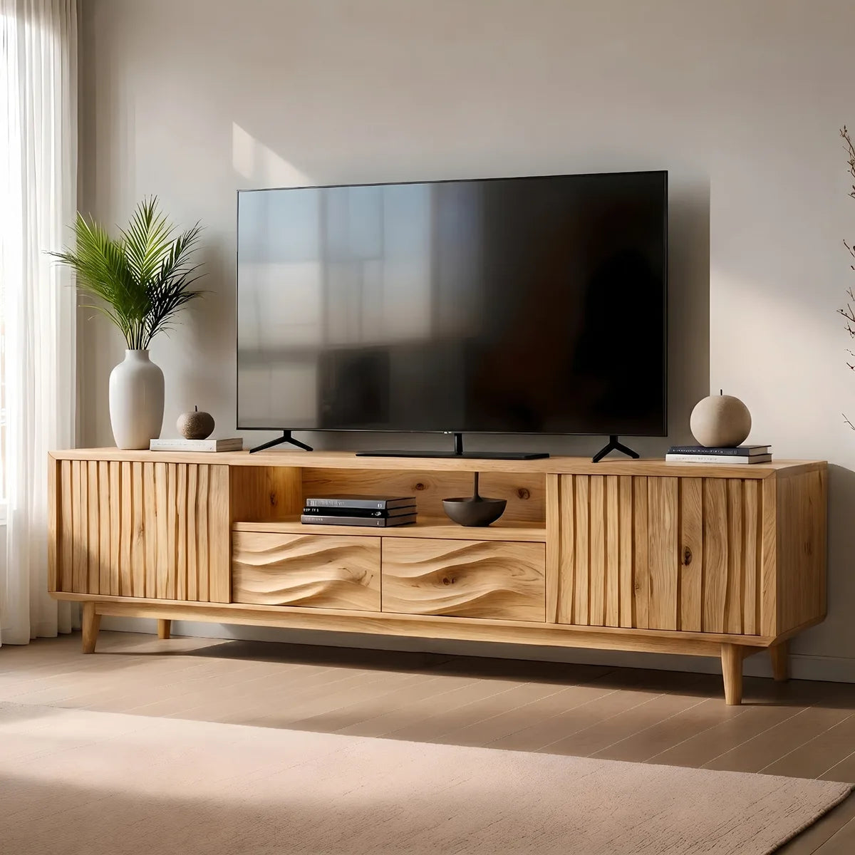 Mid Century Modern Solid Wood Fluted and Wavy Carved TV Stand