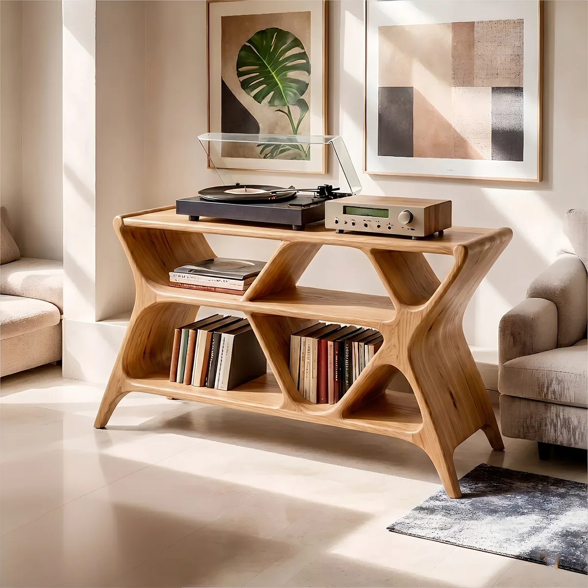 Modern Geometric Wooden Bookshelf | Vinyl Record Stand