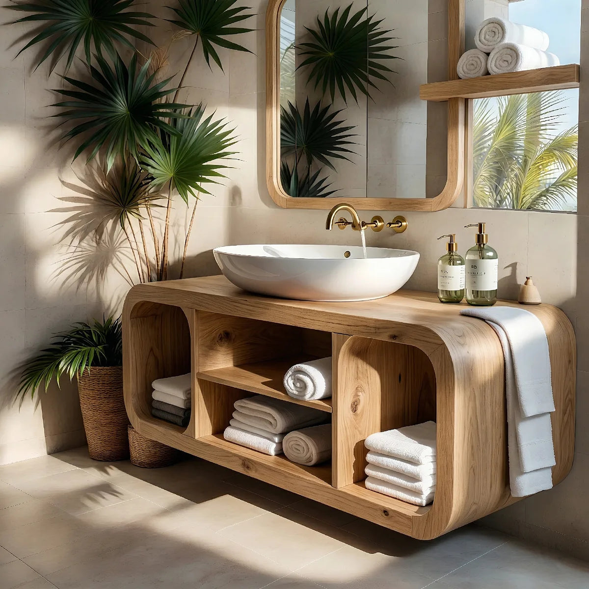 Floating Solid Wood Bathroom Vanity with Rounded Frame and Open Shelf Storage