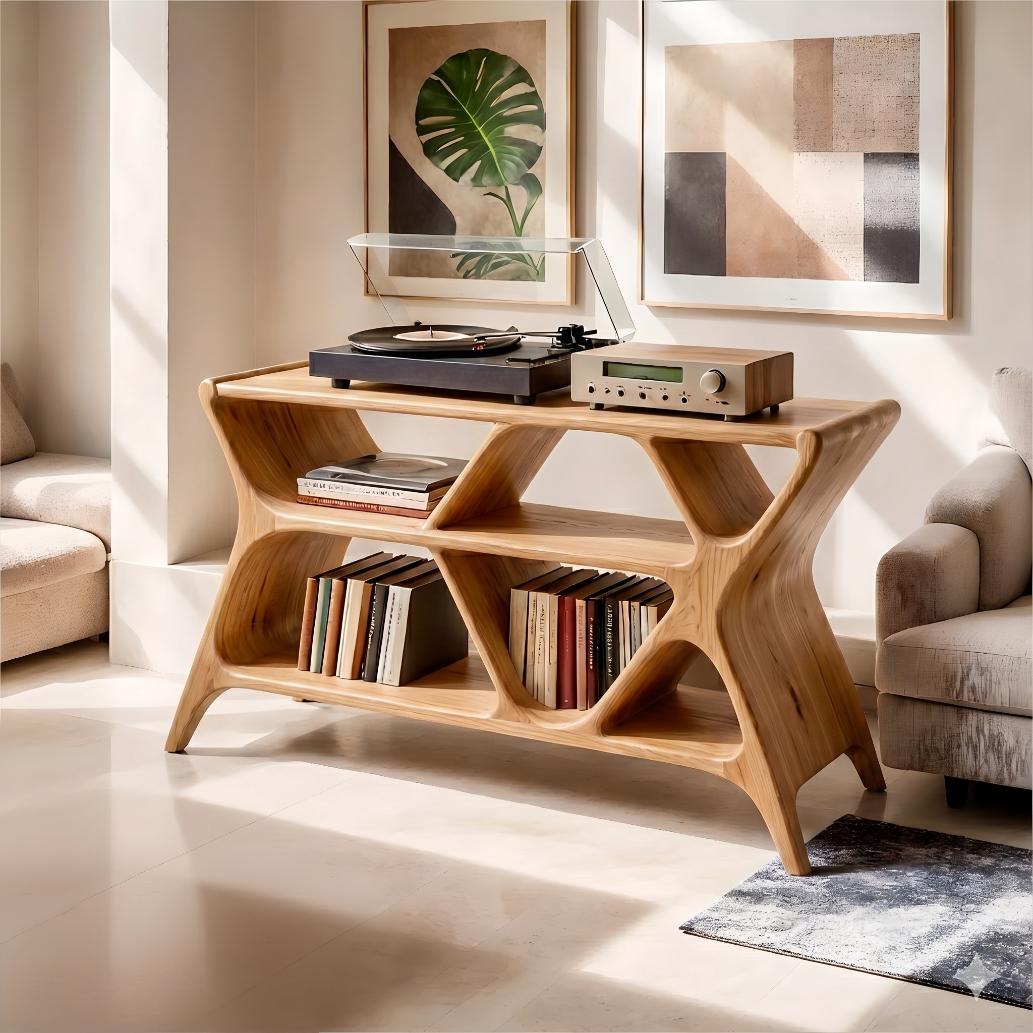 Modern Geometric Wooden Bookshelf | Vinyl Record Stand
