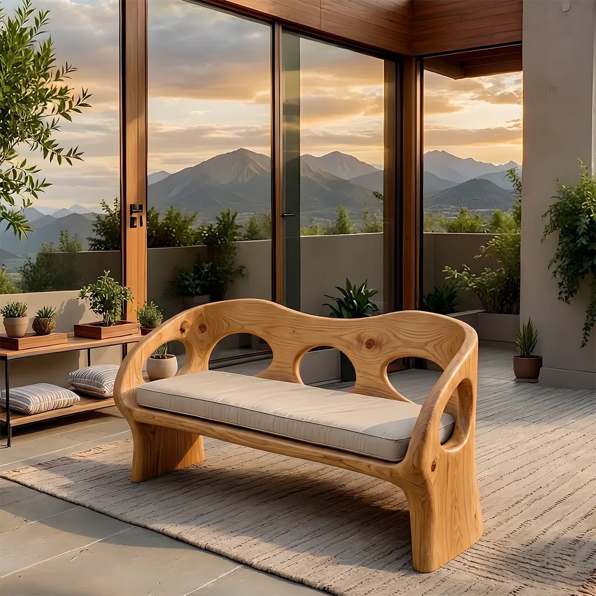 Luxury Organic Modern Outdoor Solid Wood Sofa with Sculptural Frame