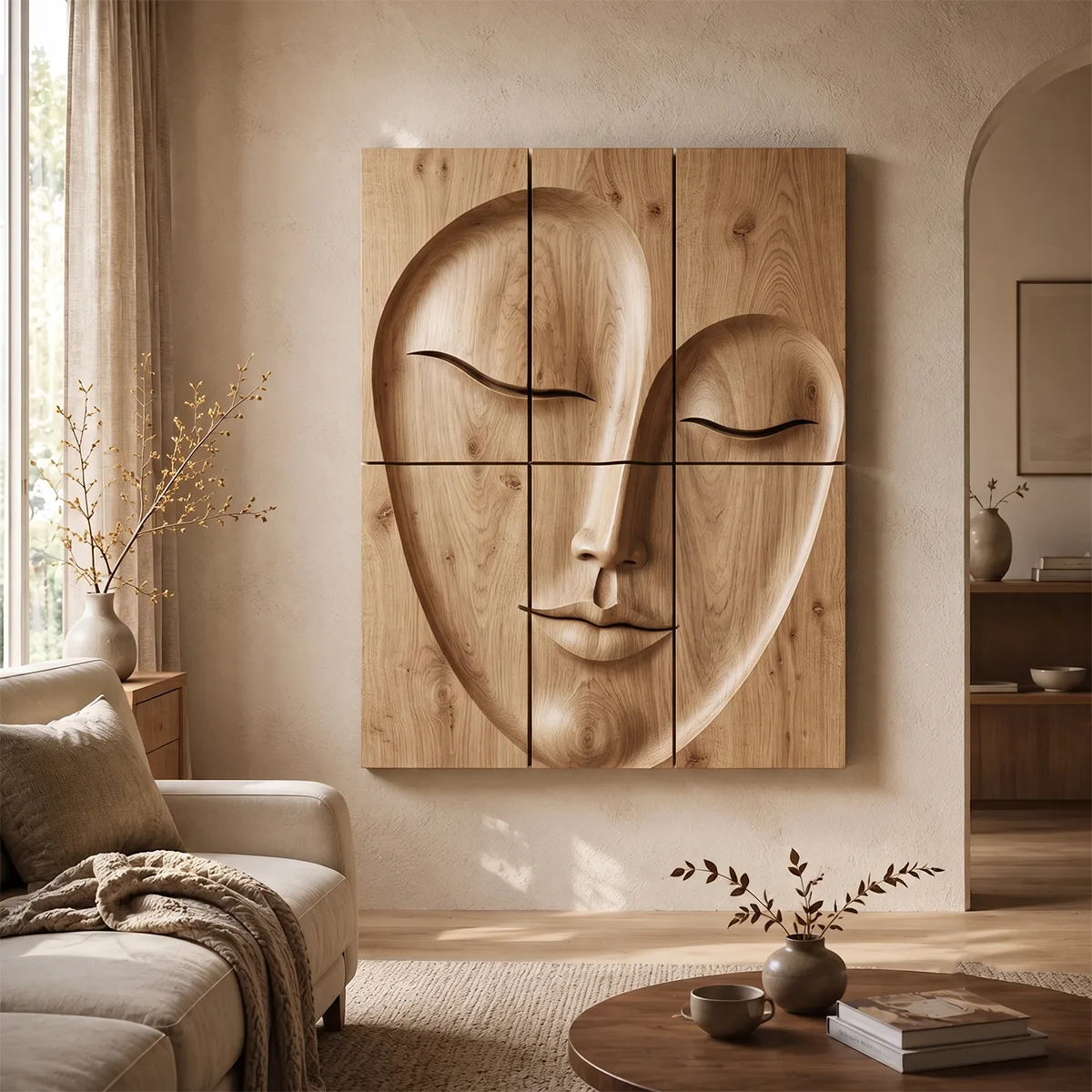 Abstract Wooden Face Wall Art | Large 6 Panel Modern Wood Sculpture TT006-6830