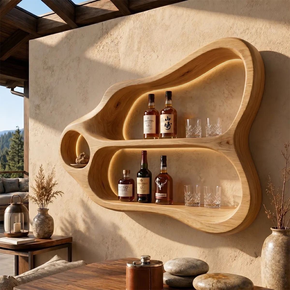 Sculptural Solid Wood Wall Wine Holder for Home Bars & Whiskey Collectors TT006-7510