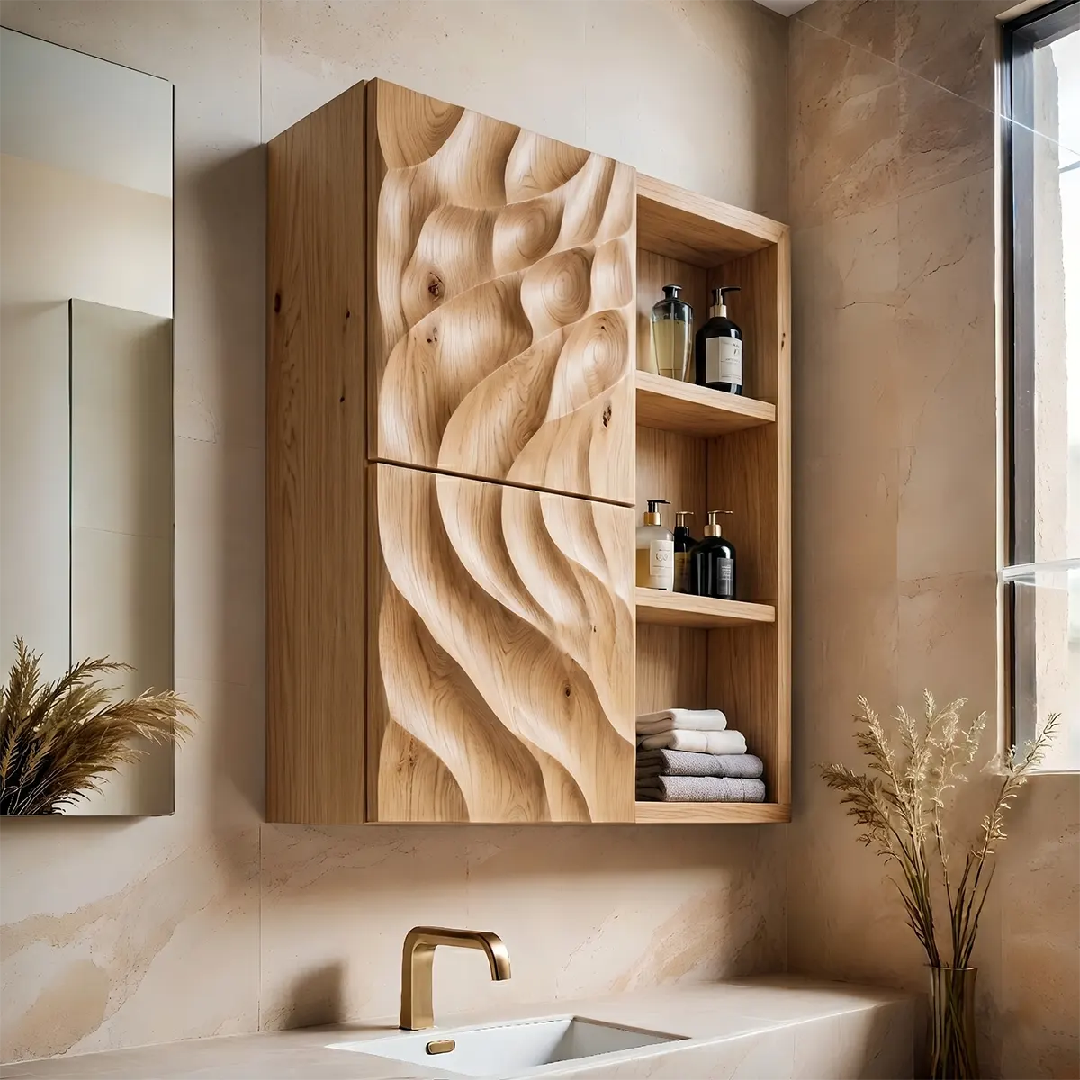 Handcrafted Solid Wood Bathroom Wall Cabinet with Sculpted Door and Open Shelves