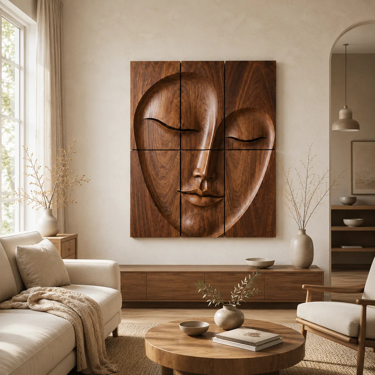 Abstract Wooden Face Wall Art | Large 6 Panel Modern Wood Sculpture TT006-6830