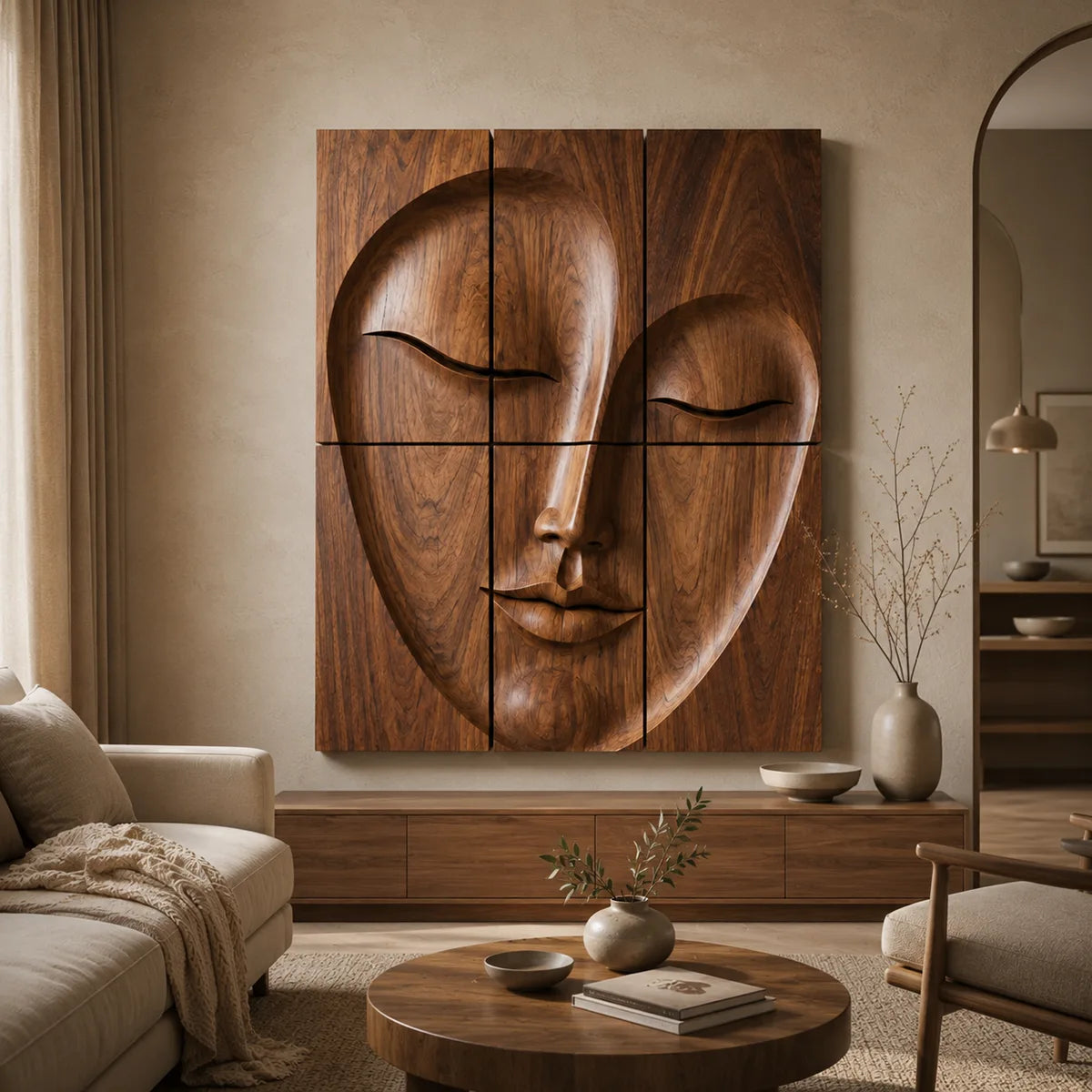 Abstract Wooden Face Wall Art | Large 6 Panel Modern Wood Sculpture TT006-6830