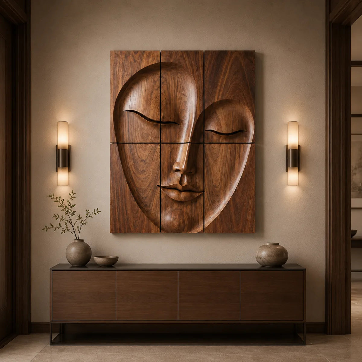 Abstract Wooden Face Wall Art | Large 6 Panel Modern Wood Sculpture TT006-6830